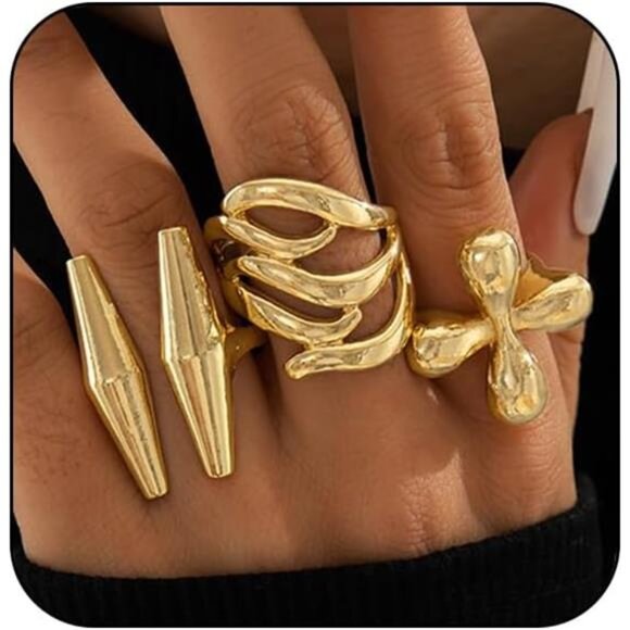 ✨ Chunky Stackable Rings Set | Adjustable Silver & Gold Vintage Style Jewelry - Picture 2 of 5